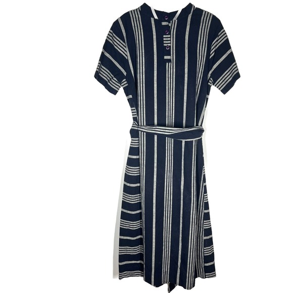 Ace & Jig Sz M Margaret Belted A-Line Midi Dress In Selvedge Blue Stripes - Picture 5 of 11